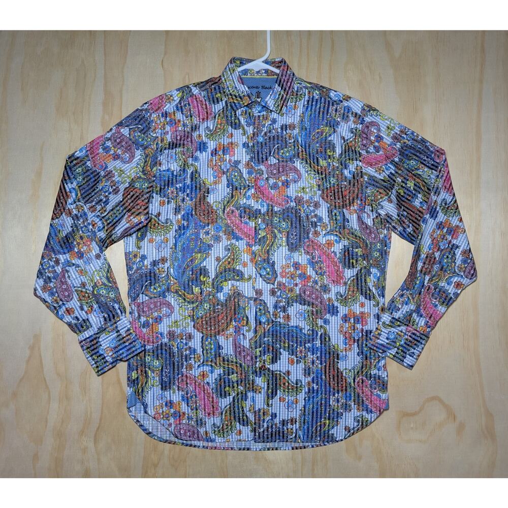 Visconti Black Men's Small Button Up Shirt Floral Paisley Striped Cotton Modal